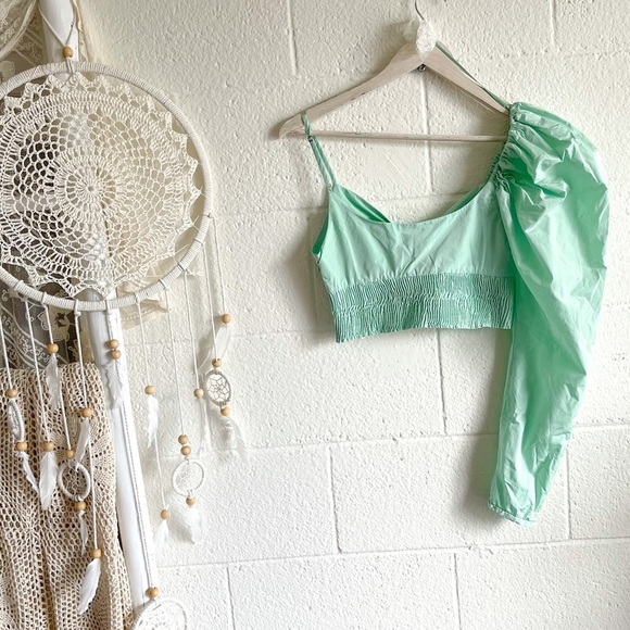 NWT Zara One Puff Shoulder Green Crop Top - Picture 3 of 16